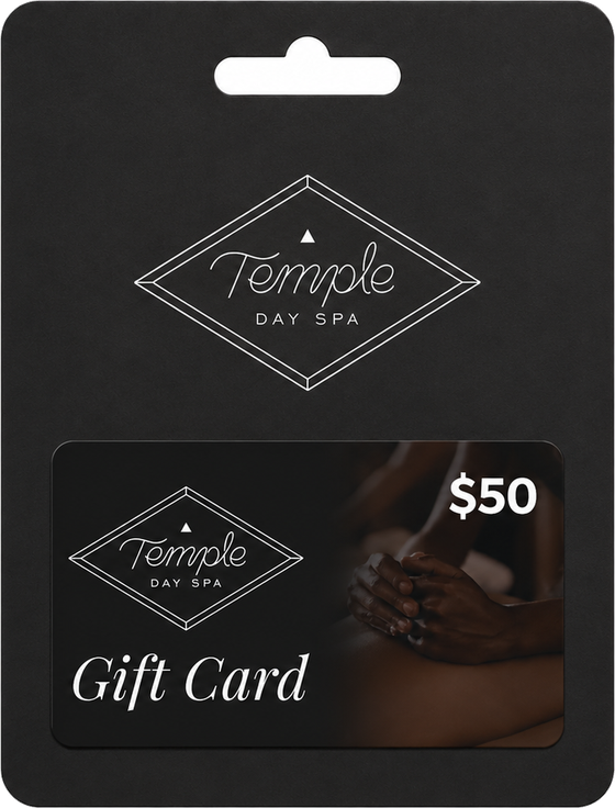 Temple Day Spa gift card on its retail hanging backer